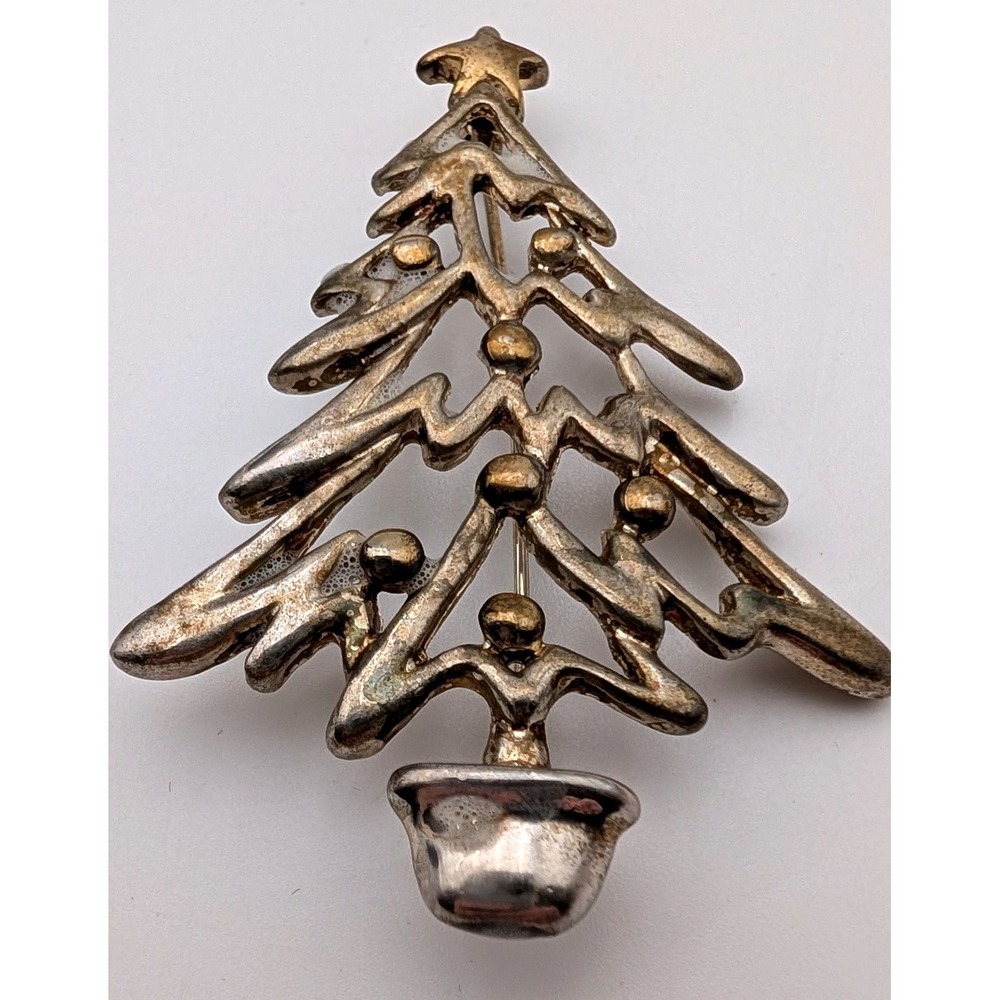 Vintage Christmas Tree Brooch Silver Gold Tone Openwork Star Holiday Pin
